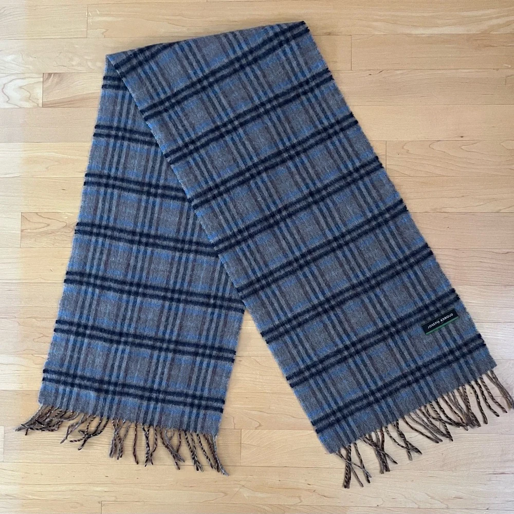 🐑Dark Tan + Black Brown & Blue Plaid Cashmere Scarf by Joseph Abboud